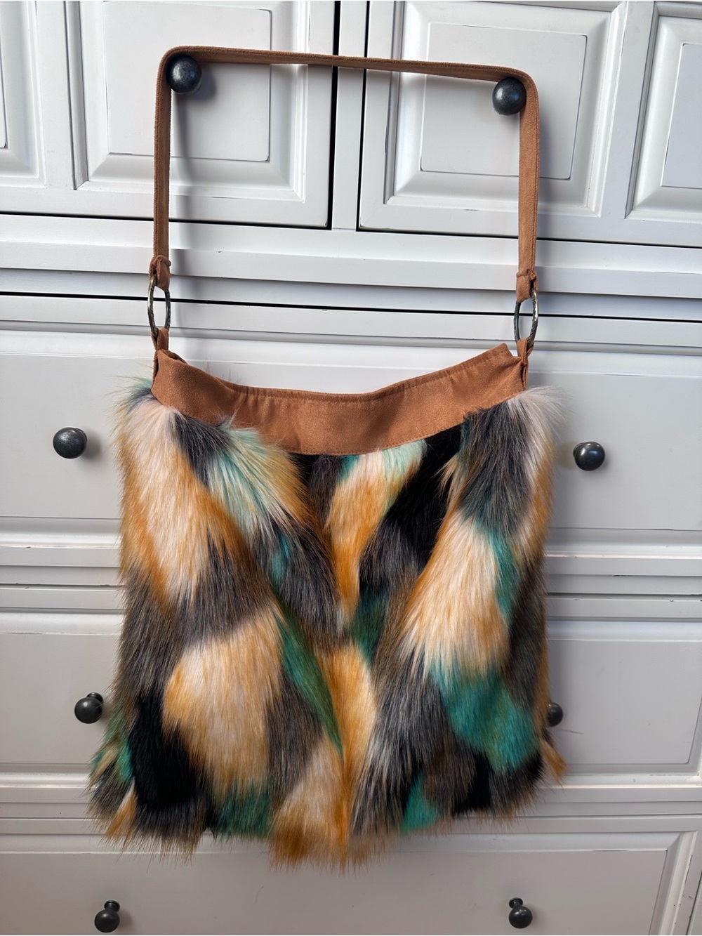 Atenti Multicolor Faux Fur Shoulder Bag with Tan Strap